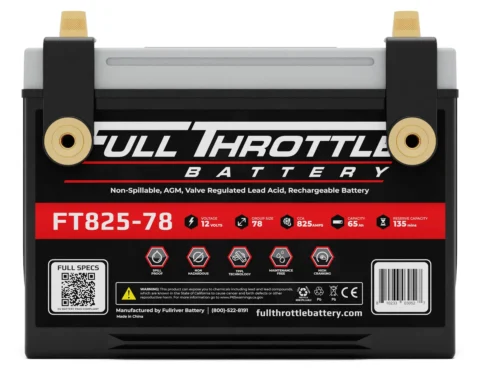 A Full Throttle FT825-78 battery, labeled as non-spillable, AGM, valve regulated lead acid, and rechargeable with full specs displayed on the front.