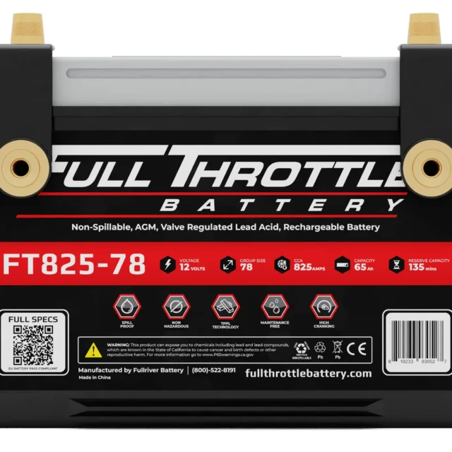 A Full Throttle FT825-78 battery, labeled as non-spillable, AGM, valve regulated lead acid, and rechargeable with full specs displayed on the front.