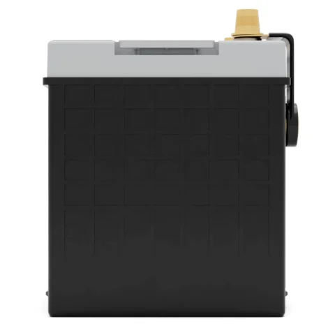 A square, black and gray plastic container with a brass valve on top and a handle on the side.