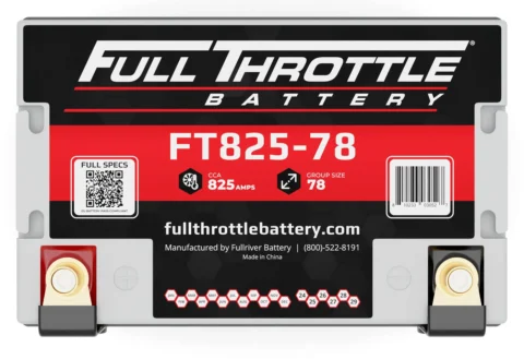 Image of a Full Throttle FT825-78 battery with specifications: CCA 825 amps, Group Size 78. Includes QR code and contact details.