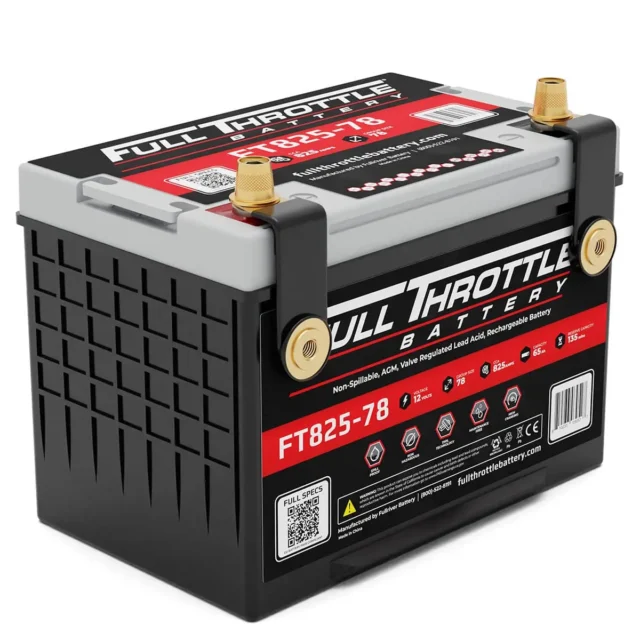 A black and gray Full Throttle car battery with red and white labeling, model FT825-78.