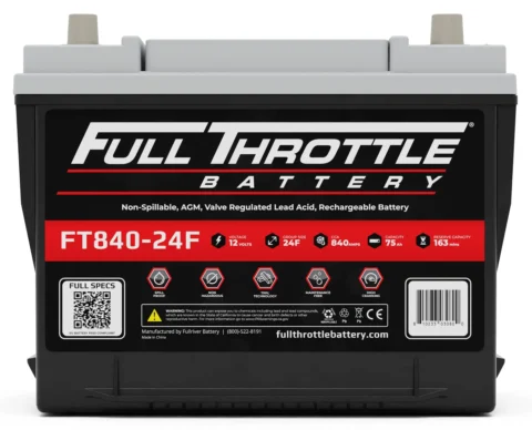 A Full Throttle Battery with specifications including 12 volts, 24F group size, 840 cold cranking amps, and a reserve capacity of 163 minutes.