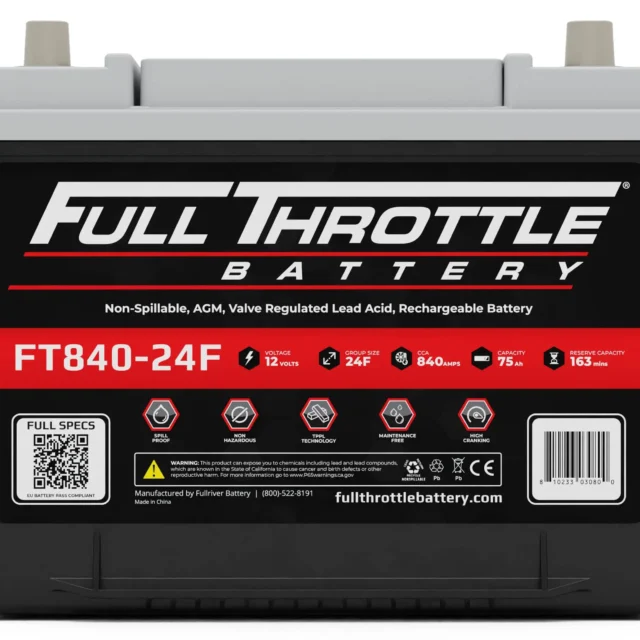 A Full Throttle Battery with specifications including 12 volts, 24F group size, 840 cold cranking amps, and a reserve capacity of 163 minutes.