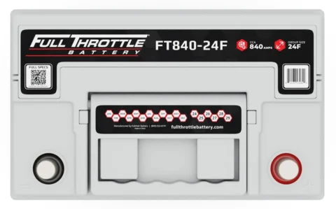 Car battery labeled "Full Throttle FT840-24F" with specifications showing CCA 840 amps and group size 24F.