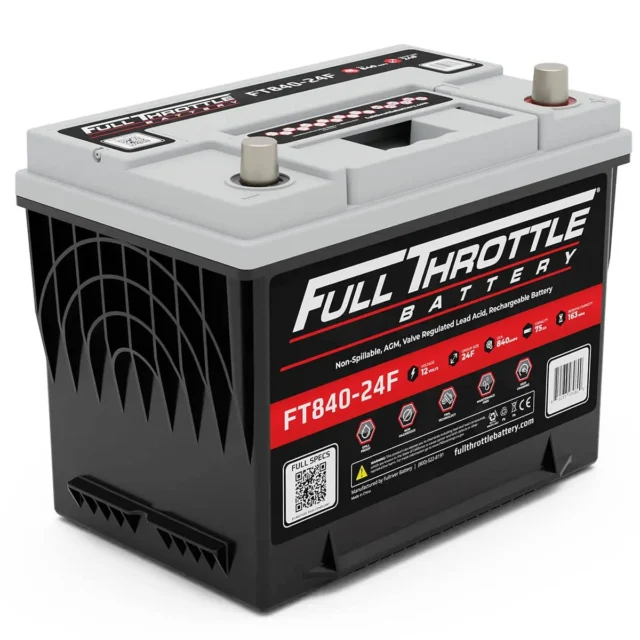 Car battery labeled "Full Throttle Battery" with model number FT840-24F, showing product details and QR code on the side.