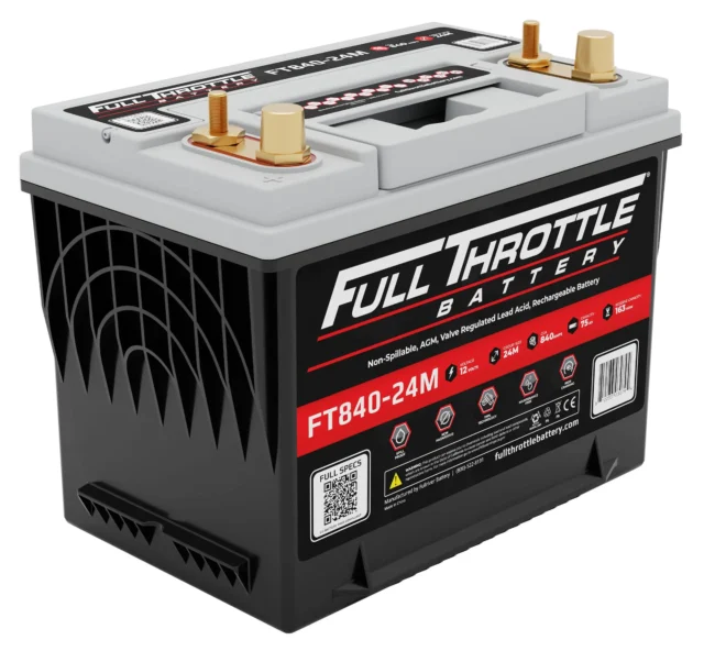 High-performance car battery labeled "Full Throttle Battery" model FT840-24M, featuring two top terminals and multiple specifications on the label.