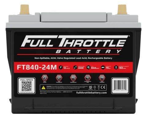 A Full Throttle FT840-24M battery with specifications displayed on the front label, including voltage, capacity, and dimensions.