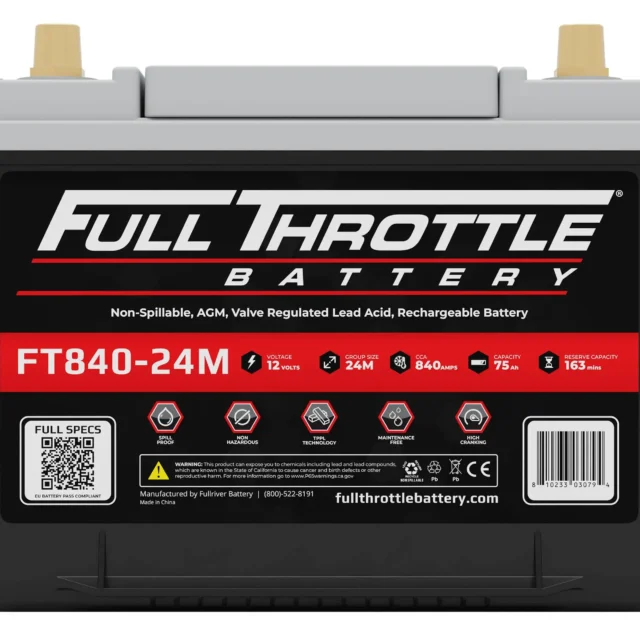 A Full Throttle FT840-24M battery with specifications displayed on the front label, including voltage, capacity, and dimensions.