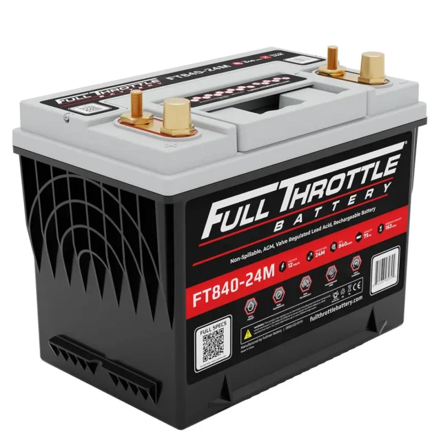 A Full Throttle battery labeled FT840-24M, featuring a black and gray design with gold terminals and handle.