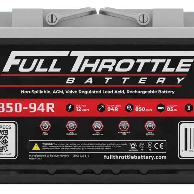 Image of a Full Throttle Battery, model FT850-94R. Specifications include 850 CCA, 65 Ah, 94R group size, 175-minute reserve capacity. Labels and website are shown on the front.