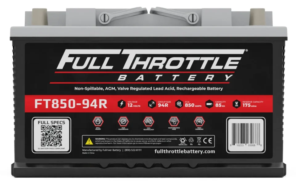 Image of a Full Throttle Battery, model FT850-94R. Specifications include 850 CCA, 65 Ah, 94R group size, 175-minute reserve capacity. Labels and website are shown on the front.