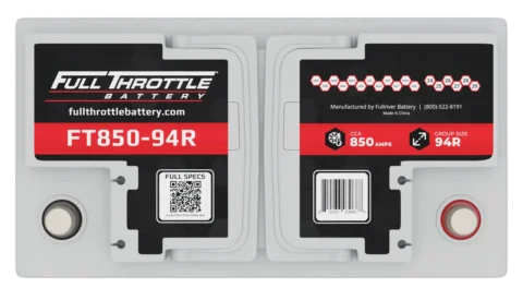 Top view of a Full Throttle battery, model FT850-94R, showing terminals and specifications like CCA 850 amps and Group Size 94R on the label.