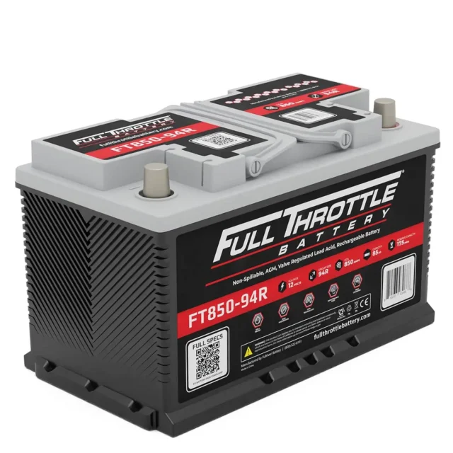 Car battery labeled "Full Throttle Battery FT850-94R" with specifications and branding on the side.