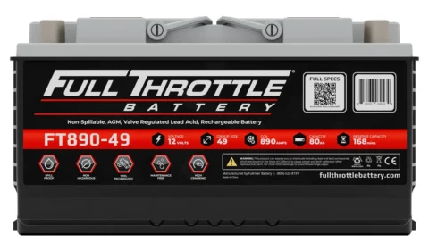 A Full Throttle FT890-49 battery with specifications, including 12 volts, 49 reserve capacity, and 890 amps. QR code and website link displayed.