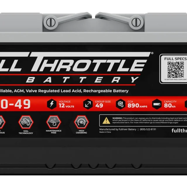 A Full Throttle FT890-49 battery with specifications, including 12 volts, 49 reserve capacity, and 890 amps. QR code and website link displayed.