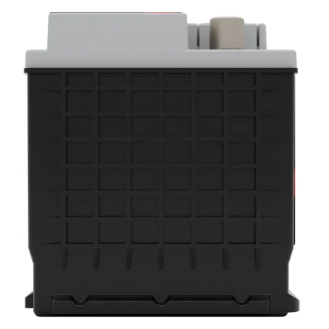 A black and gray rectangular battery with a grid pattern on the front, viewed from the side.