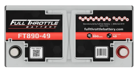 A Full Throttle battery with red and black labels, part number FT890-49, showing specifications like CCA 890 amps and group size 49, with a QR code on the front.