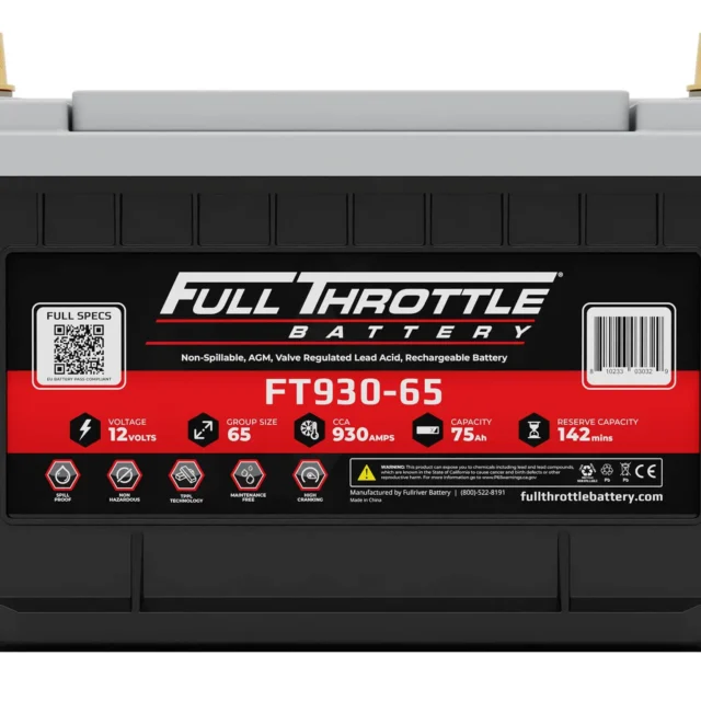 Front view of a Full Throttle Battery FT930-65 showing label details, including voltage (12V), CCA (930), and reserve capacity (75 minutes).