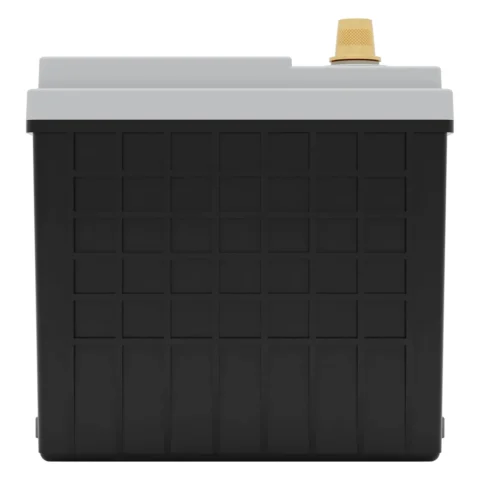 A black rectangular car battery with a gray top and a brass terminal connector.