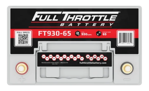 Image of a Full Throttle FT930-65 car battery featuring a QR code, specifications, and branding.