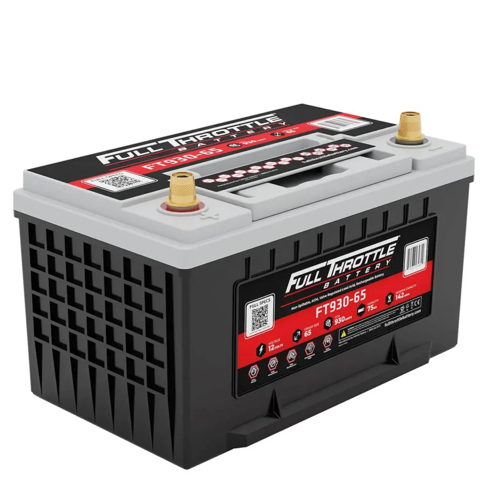 A Full Throttle battery with red and black labeling, featuring brass terminals on top. Model number FT930-65 is visible on the label.