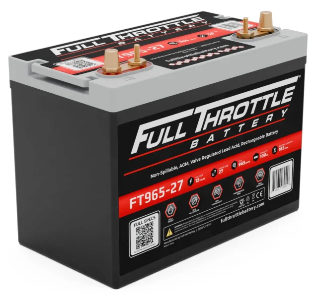 A black and gray lead acid battery labeled "Full Throttle Battery FT965-27." It features brass terminals and product details on the sides.