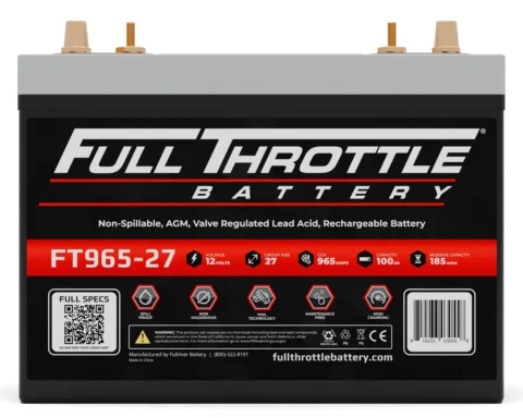 Image of a Full Throttle Battery, model FT965-27. Specs include 12 volts, 965 amps, 100 Ah capacity, and 185 min reserve. Features non-spillable, AGM valve regulated lead acid technology.