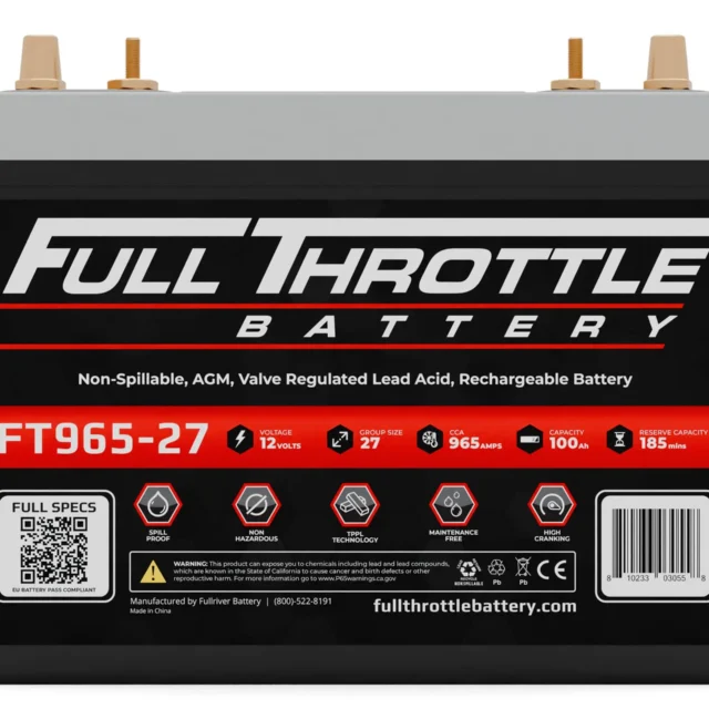 Image of a Full Throttle Battery, model FT965-27. Specs include 12 volts, 965 amps, 100 Ah capacity, and 185 min reserve. Features non-spillable, AGM valve regulated lead acid technology.