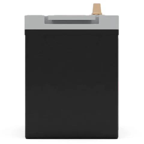 A black rectangular battery with a gray top and a yellow terminal connector on a white background.