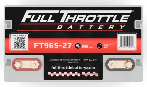 Full Throttle Battery FT965-27, 965 CCA, Group Size 27, manufactured by Fullriver Battery. Features QR code and contact info.