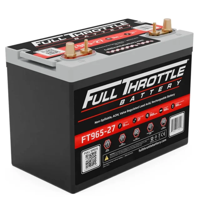 A Full Throttle Battery model FT965-27 with red and black labeling. It features terminal posts on top and product specifications printed on the side.