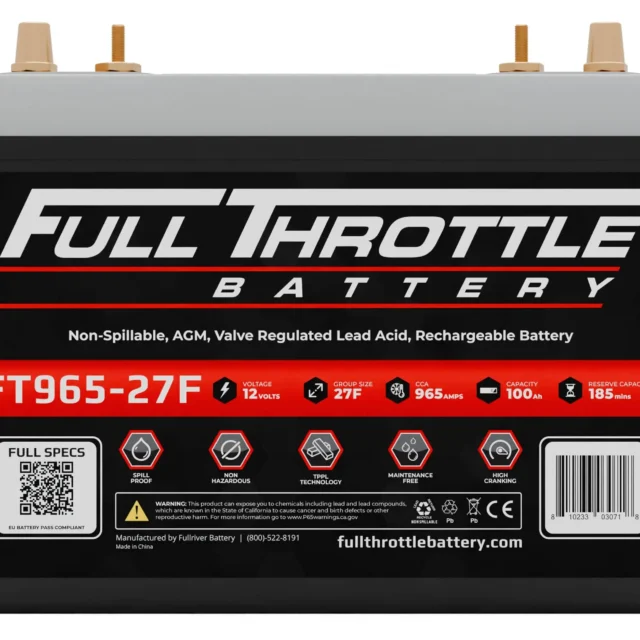 Full Throttle Battery FT965-27F, 12 volts, valve-regulated lead-acid, non-spillable, 965 cranking amps, 10.0 amp hours, 185 reserve capacity.