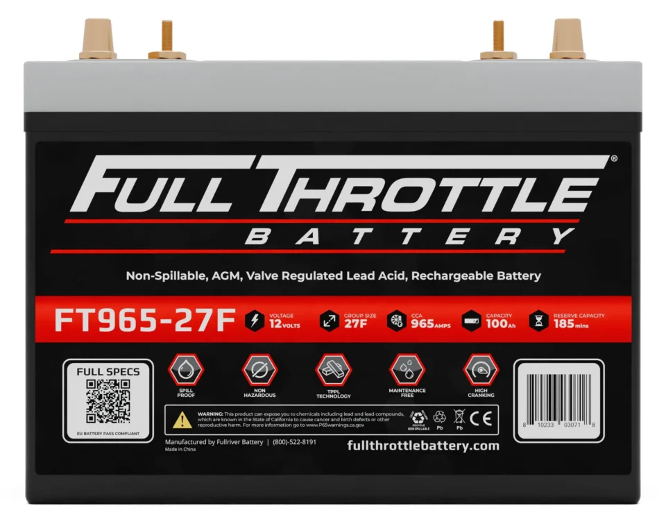 Full Throttle Battery FT965-27F, 12 volts, valve-regulated lead-acid, non-spillable, 965 cranking amps, 10.0 amp hours, 185 reserve capacity.