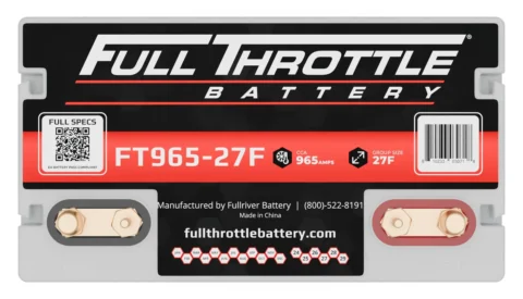 Front view of a Full Throttle Battery model FT965-27F with specifications label, including CCA 965 amps and Group Size 27F.