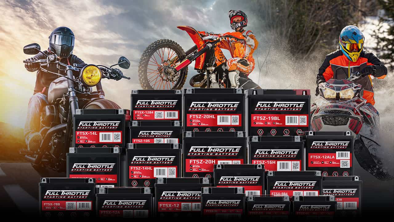 Three powersports enthusiasts in action behind a stack of Full Throttle batteries arranged in front.