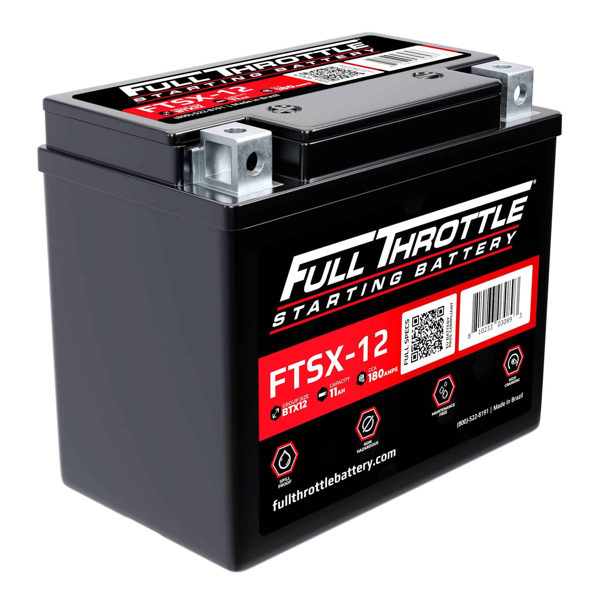 Black Full Throttle car battery, model FTSX-12, with red and white labeling and a QR code.