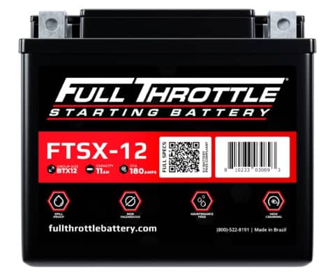 Full Throttle starting battery FTSX-12 with specs: Group Size BTX12, 11Ah capacity, 180 amps CCA. Made in Brazil.