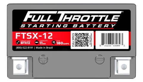 Car battery labeled "Full Throttle Starting Battery" with model FTSX-12, group size BXT12, capacity 11Ah, and 180 CCA. Features a QR code and made in Brazil.