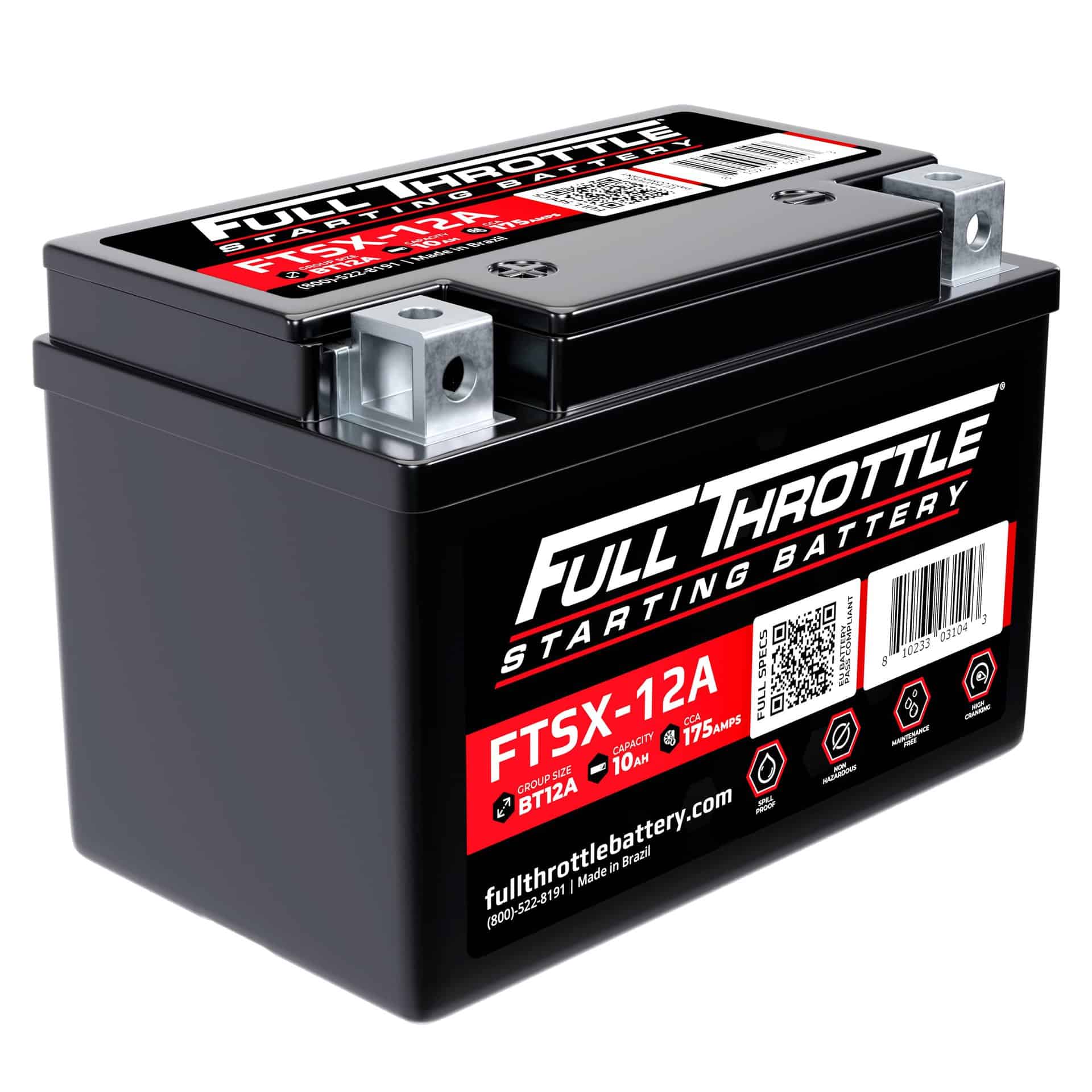 Black Full Throttle FTSX-12A starting battery with red and white label, featuring specifications and company logo.