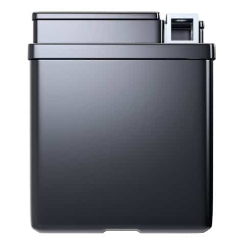 A sleek, rectangular metal container with a hinged lid and an integrated spout on the top right corner.