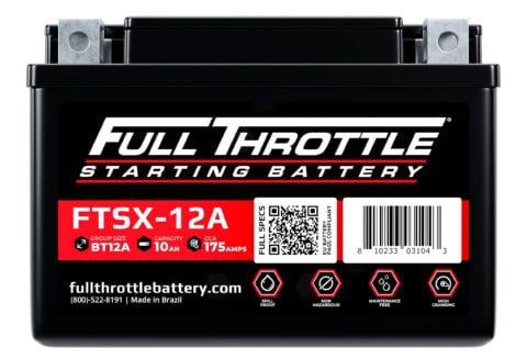 A black and red car battery labeled "Full Throttle Starting Battery," model FTSX-12A, with details on capacity, amps, and QR code.