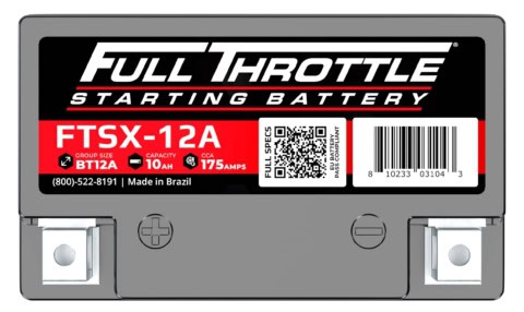 A Full Throttle starting battery, model FTSX-12A, with 10Ah capacity and 175 CCA. Made in Brazil.