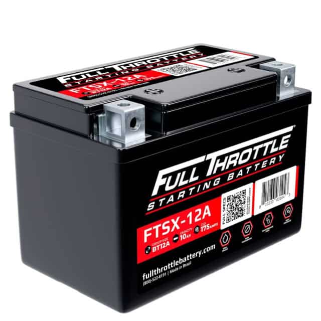 Black Full Throttle starting battery model FTSX-12A, with red and white labeling, featuring specifications like 10Ah, 12V, and 175 Wh.