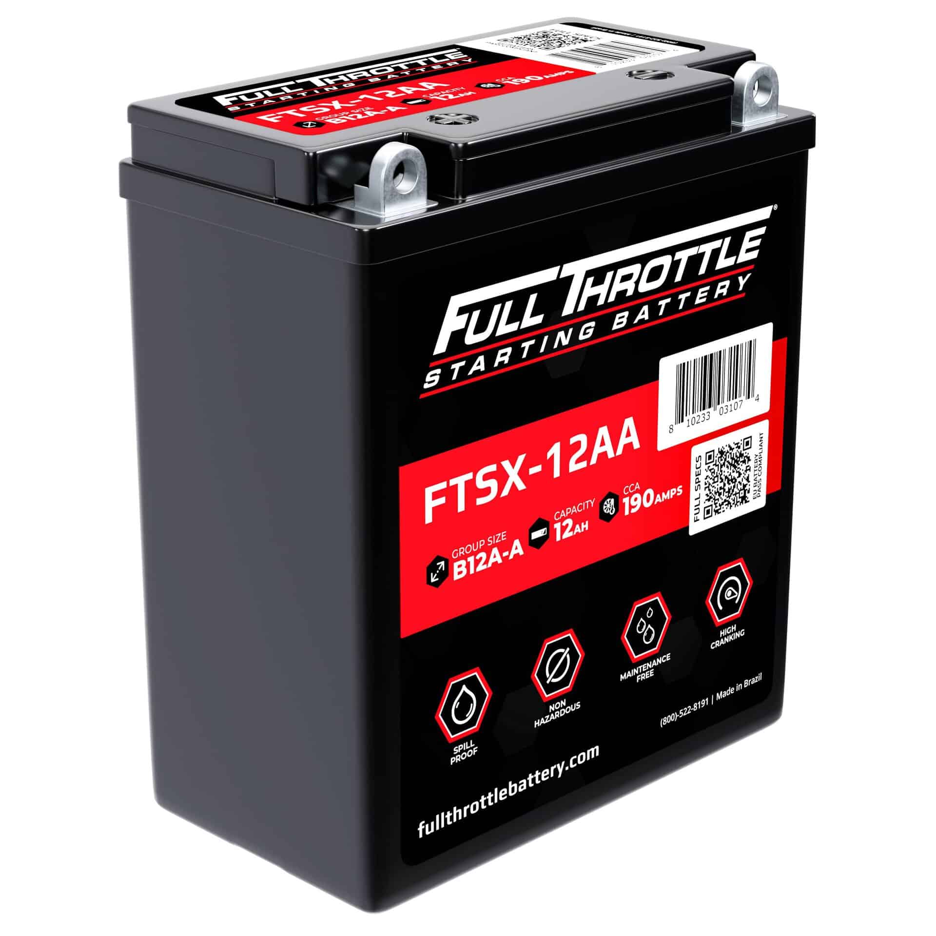 Black Full Throttle FTSX-12AA battery with red and white label detailing specifications like 12V and 190 amps.