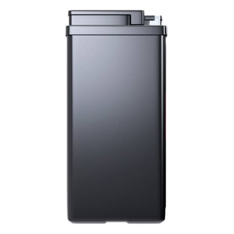 A sleek, tall, rectangular black trash can with a smooth finish and a closed lid.