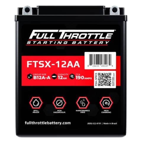 Front view of a Full Throttle FTSX-12AA starting battery, 12Ah capacity, 190 CCA. Made in Brazil. Features include spill-proof, non-hazardous, maintenance-free, and high cranking power.