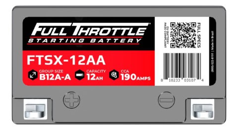 Car battery labeled "Full Throttle Starting Battery" with a capacity of 12AH and 190 CCA amps, marked FTSX-12AA.