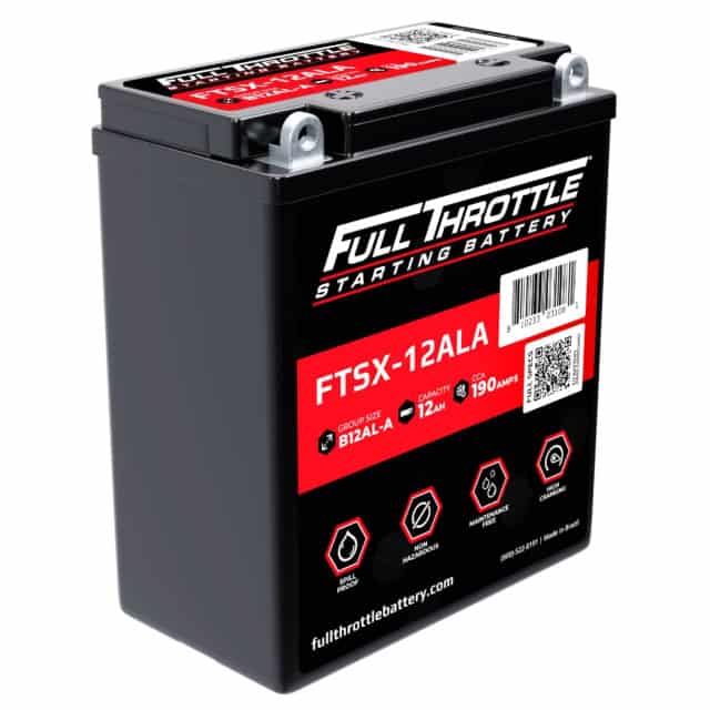 A Full Throttle starting battery labeled FTSX-12ALA with features including 12Ah capacity, 190 amps, and details listed on the front.