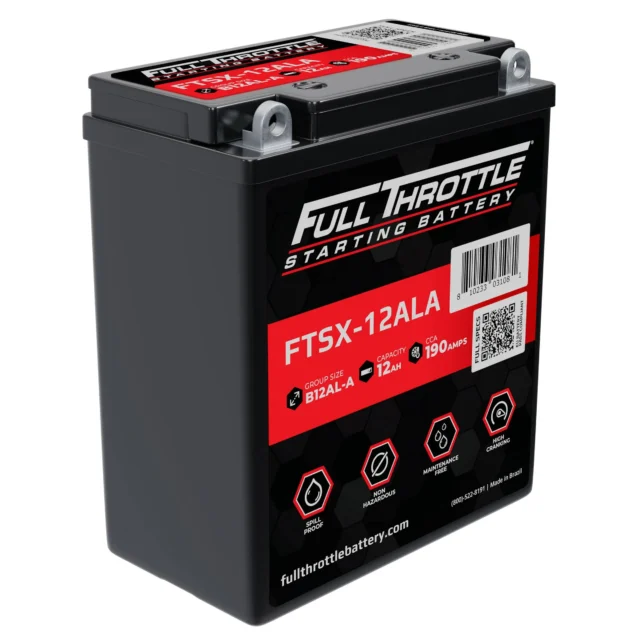 A black Full Throttle starting battery, model FTSX-12ALA, with specifications including 12Ah capacity and 190 CCA displayed on the label.