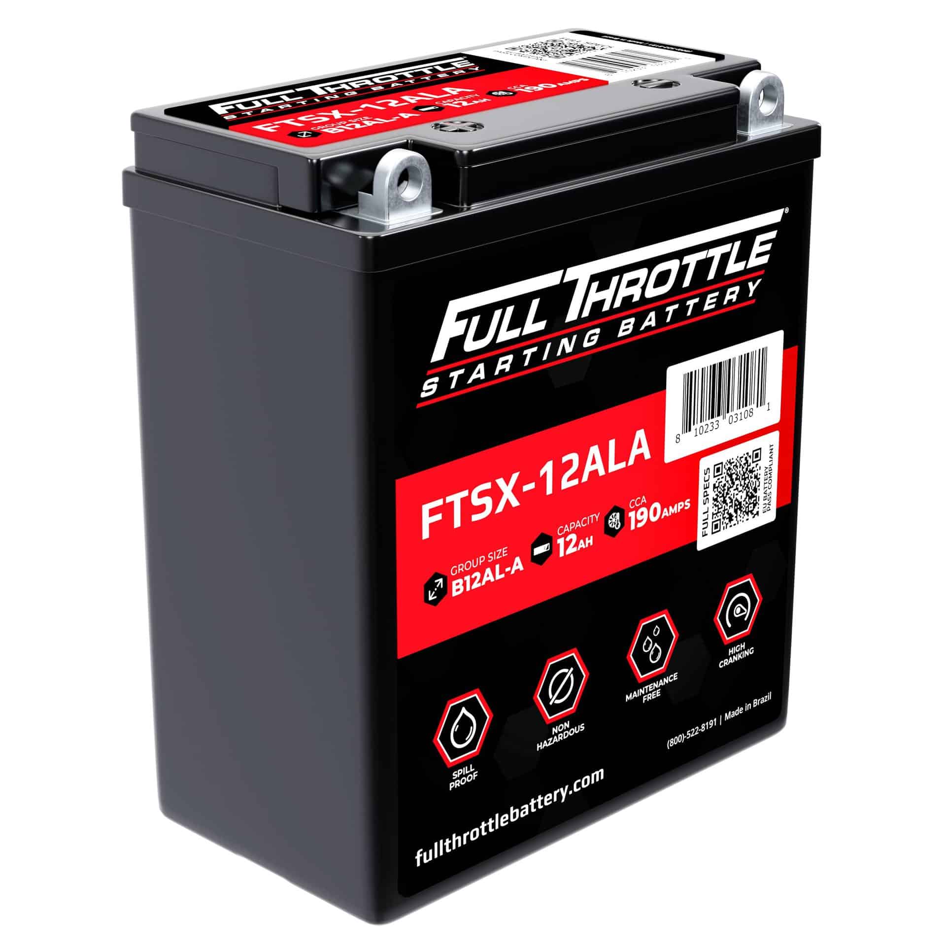 A Full Throttle starting battery labeled FTSX-12ALA with features including 12Ah capacity, 190 amps, and details listed on the front.